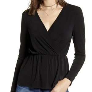 (SOLD) HALOGEN Black wrap top, V Neckline Size S